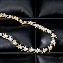 Load image into Gallery viewer, Pearl and Clear Crystal Diamante Necklace and Earrings Set Golden Tone