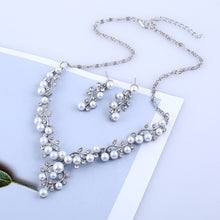 Load image into Gallery viewer, Pearl and Clear Crystal Diamante Necklace and Earrings Set