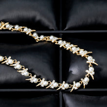 Load image into Gallery viewer, Pearl and Clear Crystal Diamante Necklace and Earrings Set Golden Tone
