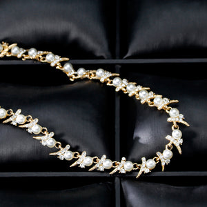 Pearl and Clear Crystal Diamante Necklace and Earrings Set Golden Tone