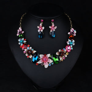 Statement Crystal Floral Necklace and Earrings Set