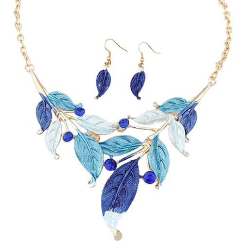 Blue leave costume necklace and earrings set