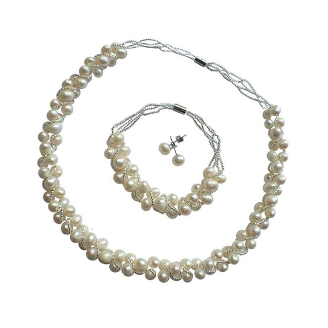 White Freshwater Pearl Necklace, Bracelet and Earring Set