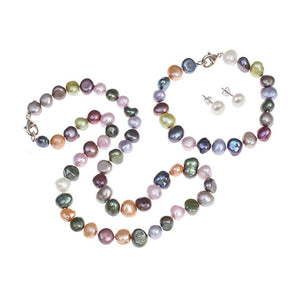 Multi-coloured Baroque Pearl Necklace, Bracelet and Earrings Set
