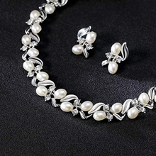 Load image into Gallery viewer, Elegant Crystal Clear Diamante and Pearl Necklace and Earrings Exclusive Design Jewellery Set
